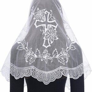 Catholic Church Veil Women Lace Chapel D Shaped Floral Cross Embroidered
